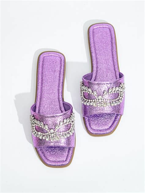 Metallic Rhinestone Decor Slide Sandals Shein Usa