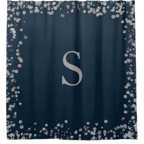 Navy Blue Silver Glitter Frame Monogram Initial Shower Curtain Zazzle