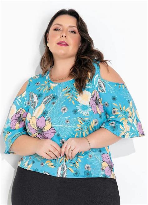 Blusa Floral Azul Vazado Na Manga Plus Size Queima De Estoque