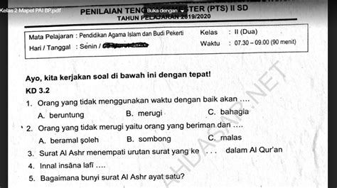 Soal Penilaian Tengah Semester Kelas K Mapel Pai Bp