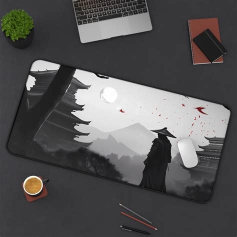 Japanese Mousepad Samurai Desk Mat Black And White Japanese Fantasy