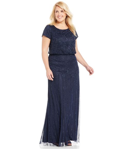 Adrianna Papell Plus Size Beaded Illusion Blouson Dress In Blue Lyst