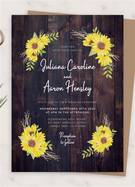 Download Printable Navy Blue Wood Sunflower Wedding Invitation Pdf