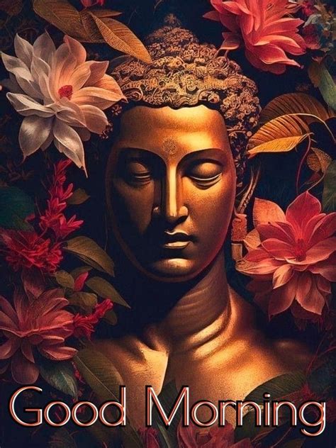 A Buddha Statue Surrounded By Flowers And Leaves With The Words Good