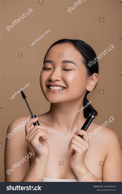 Cheerful Asian Woman Naked Shoulders Holding Stock Photo 2248954591