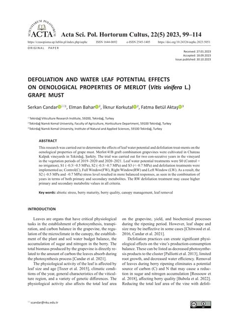 Pdf Defoliation And Water Leaf Potential Effects On Oenological