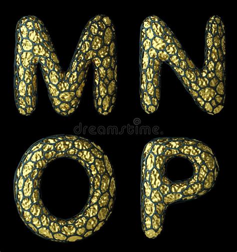 Realistic 3D Letter Set M N O P Made Of Gold Shining Metal Stock