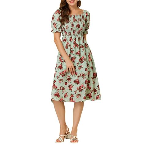 Allegra K Womens Smocked Floral Square Neck Short Puff Sleeve Summer Midi Dress Xs Green