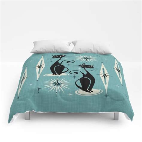 Mid Century Meow Retro Atomic Cats On Blue Comforters By Studioxtine