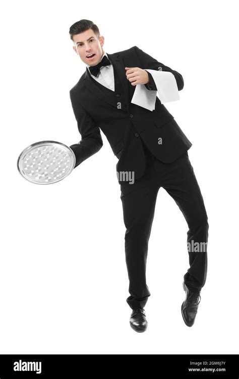 Male Waiter With Empty Tray On White Background Stock Photo Alamy