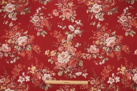 Waverly Rose Floral Printed Cotton Drapery Fabric in Red