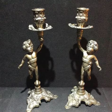 Paire Ancien Bougeoirs Chandeliers En Bronze Laiton Angelot Italy Ann E