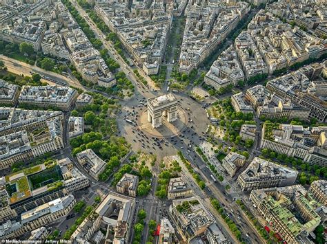 Paris from above Eiffel Tower and Champs Élysées in aerial pictures