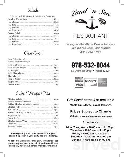 Land 'N Sea Restaurant menu in Peabody, Massachusetts