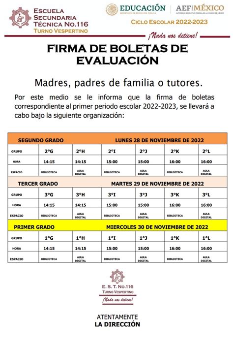 Secundaria Técnica 116 Turno Vespertino Firma De Boletas