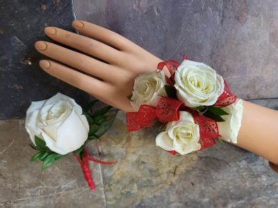 White Spray Rose Wrist Corsage With Matching Boutonniere Cobblestone