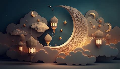 Fundo De Ramadan Kareem Nuvens De Lua Crescente E Lanternas