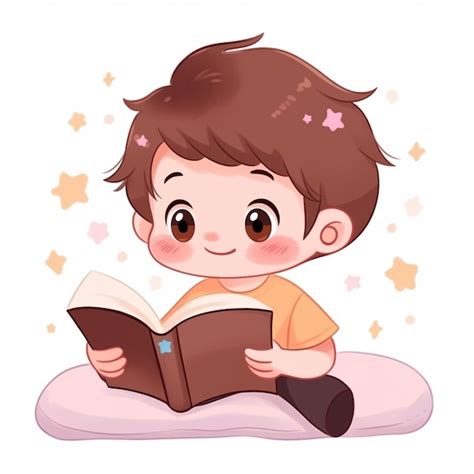 Niño de dibujos animados leyendo un libro en una nube con estrellas