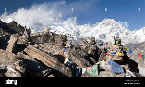 Panoramic View Of Mount Cho Oyu And Mount Gyachung Kang With Prayer