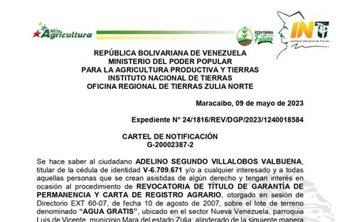 INTI Cartel de Notificación de Revocatoria a Adelino Segundo