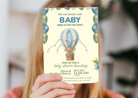 Editable Baby Shower Invite Boy We Can Bearly Wait Hot Air Ballon Invite Teddy Bear Baby Shower