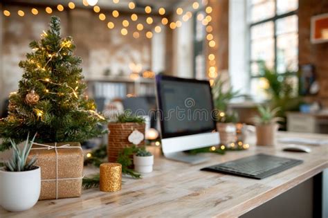 Modern Office Decorated For Christmas We See A Desk With A Tree Gifts