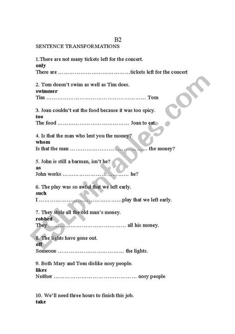 B2 Sentence Transformation Esl Worksheet By Melina2003