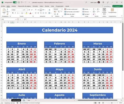 Calendario 2024 Editable Excel Poder Politico