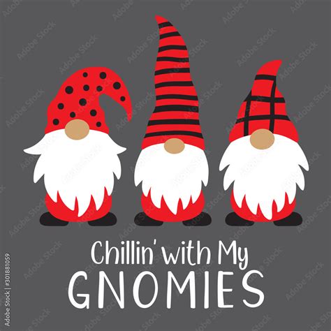 Vector Illustration Of Cute Holiday Christmas Gnomes In Red And Black