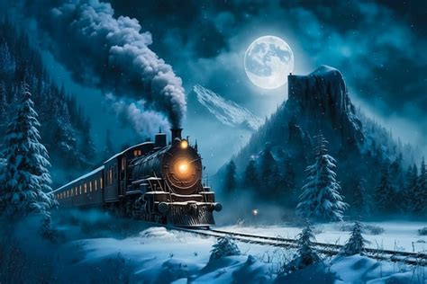 Premium Ai Image A Train In The Snow With A Full Moon Behind It