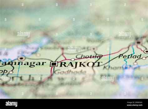 Shallow Depth Of Field Focus On Geographical Map Location Of Rajkot