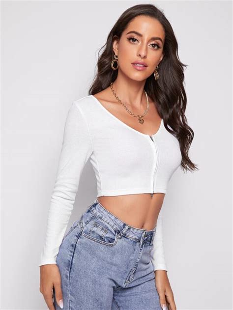 Shein Basics Zipper Placket Rib Knit Crop Tee Shein Usa