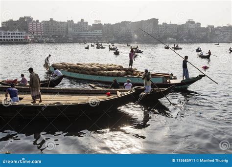 Dhaka Bangladesh February 24 2017 People And Cargo Ships At Sadarghat Terminal Editorial