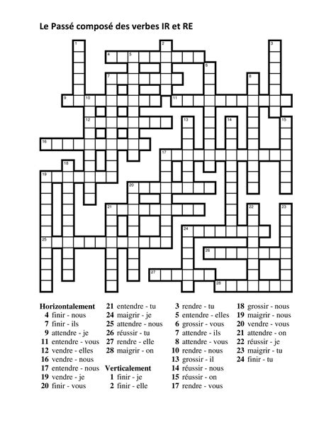 Mots croisés avec le passé composé des verbes IR et des verbes RE 5