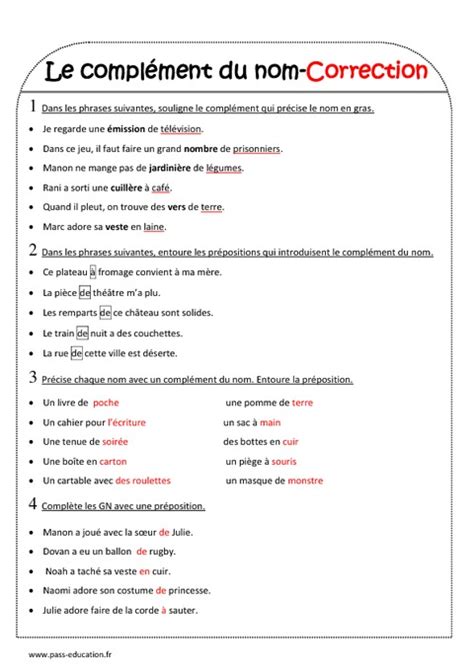 Complément du nom Ce2 Exercices avec correction Pass Education