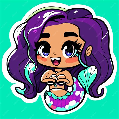 Linda Princesa Sereia Menina Chibi Kawaii Mão Desenhada Desenho Animado