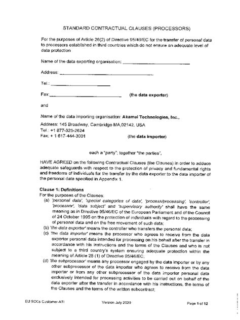 Fillable Online Standard Contractual Clauses Controller To Processstandard Contractual Clauses