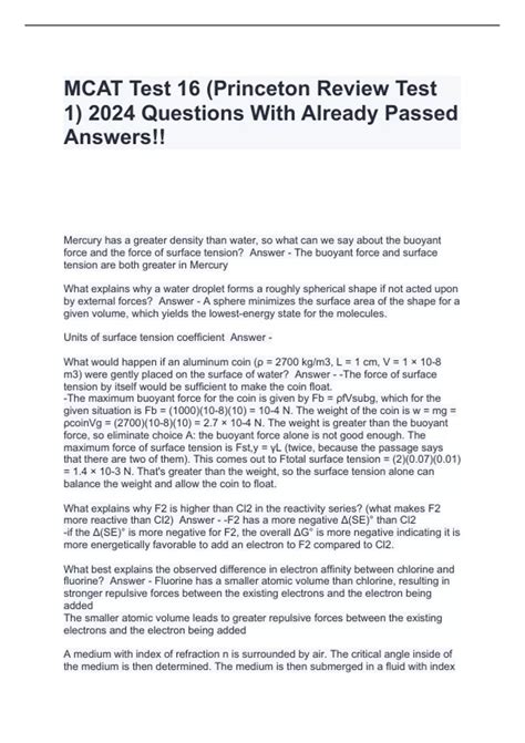 Mcat Test 16 Princeton Review Test 1 2024 Questions With Already Passed Answers Mcat