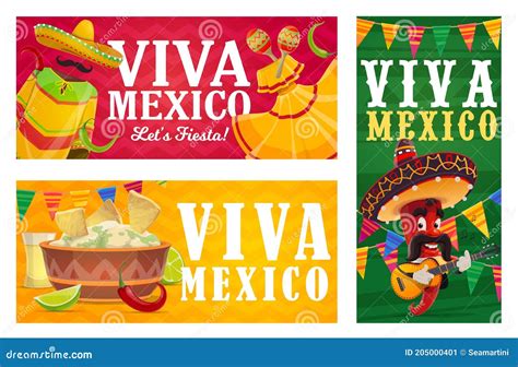 Viva Mexico Banner Mexican Food Pepper Sombrero Stock Vector