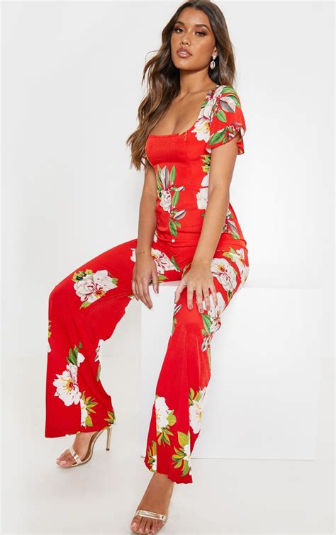 Red Floral Print Cross Back Jumpsuit Prettylittlething Ie