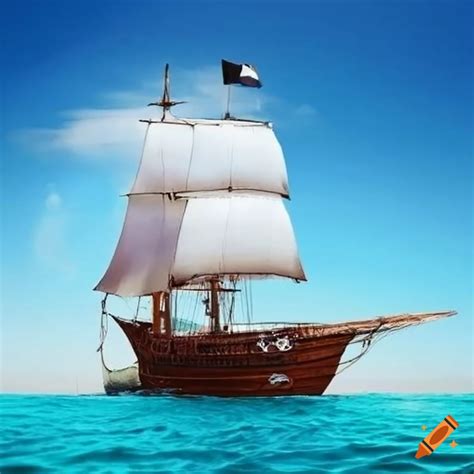 Profile Of A White Sailed Pirate Ship On A Sunny Beach