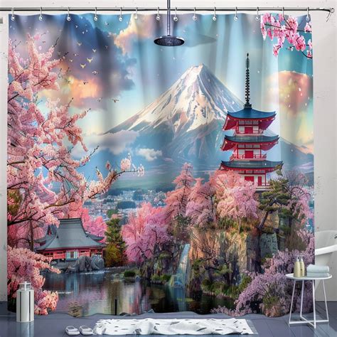 Japanese Cherry Blossom Landscape Shower Curtain High Resolution Print