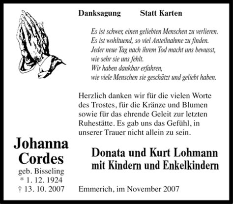 Traueranzeigen Von Johanna Cordes Trauer In NRW De