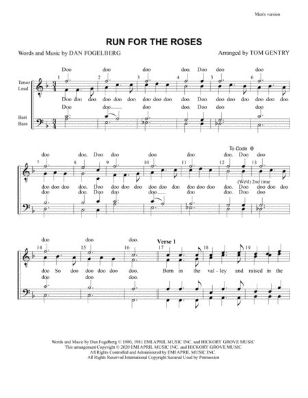 Run For The Roses Arr Tom Gentry By Dan Fogelberg Sheet Music For