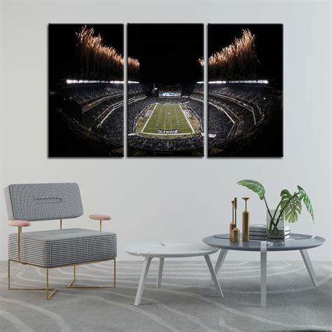 three pictures of a football stadium with fireworks in the sky and on ...