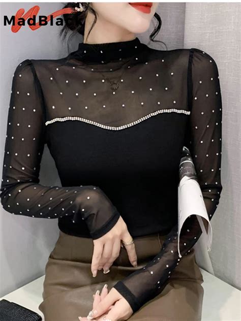 Madblack Autumn Half Turtlenecks T Shirts Sexy Slim Mesh Patchwork Beaded Long Sleeve Women