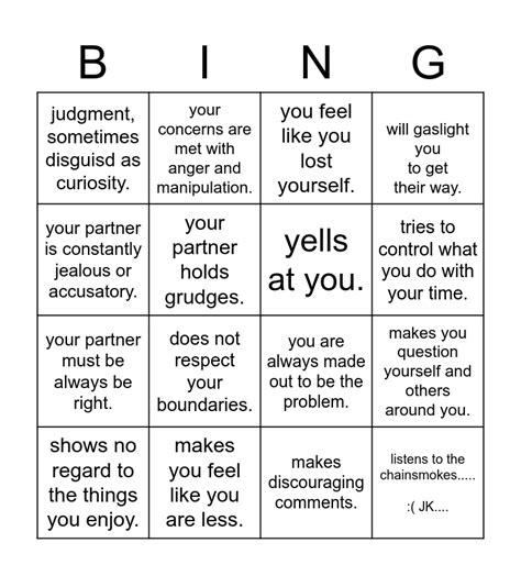 TOXIC Relationships Bingo Card