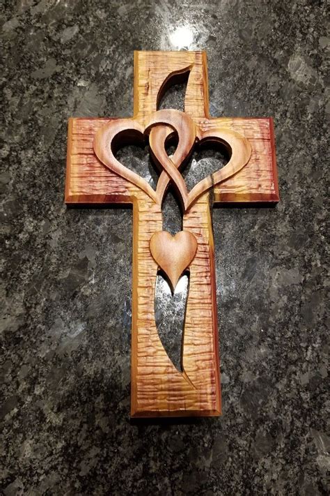 Wood Carved Intertwined Heart Cedar Cross Etsy Wood Crosses Diy