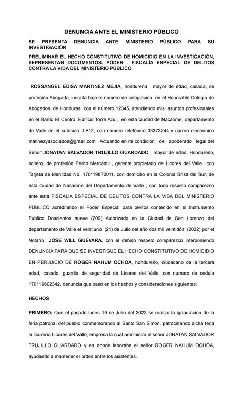 Denuncia por Homicidio ante el MP: Caso Roger Nahum Ochoa - Studocu