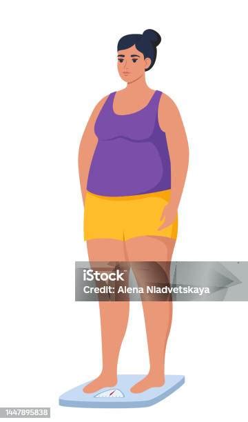 Fat Obese Woman Standing On Weigh Scales Oversize Fatty Girl Obesity